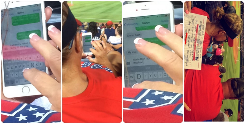 Atlanta Braves fan Delana Hinson hands man a note telling him his